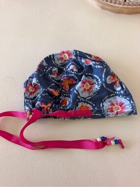Floral Navy Swim Cap with Pink Ties